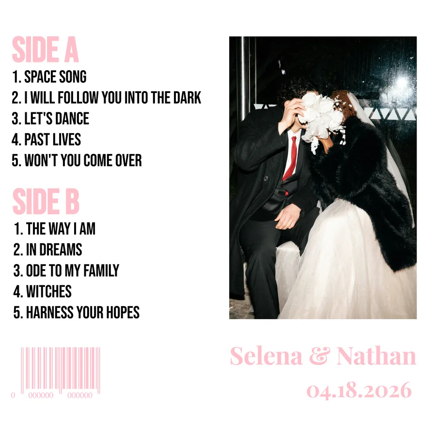 Customer-made back cover with a handwritten-style track listing